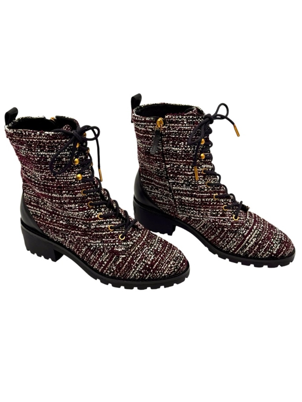 Tory Burch Combat Lug Sole Tweed & Leather Lace Up Booties Size 9